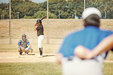 Image showing Team, baseball and pitch in sports game for exercise, collaboration and player with bat ready to hit ball. Teamwork, fitness and athletes on baseball field for training, practice or softball match