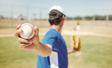 Image showing Baseball, pitcher training and baseball player workout on field outdoors. Athlete man fitness motivation, professional sports health and wellness exercise with ball or getting ready for softball game