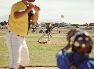 Image showing Baseball, bat and man ready for a fast ball on a baseball field in a training match or game outdoors in Houston. Softball, fitness and sports athlete pitcher pitching with speed in a team performance