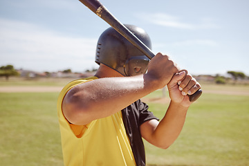 Image showing Baseball, training and baseball player hold bat for fitness workout holding bat on field outdoor. Athlete batter man, professional sports and pitch for health and wellness exercise for softball game