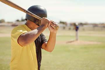 Image showing Baseball, athlete and man with a bat on the pitch playing a sport game or fitness training. Sports, softball and man practicing his batting for a match at outdoor field or stadium with a wood baton.