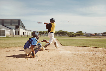 Image showing Baseball batter, baseball team and man with bat on field at competition, training game or match. Exercise, fitness and baseball players with baseball glove for sports workout outdoors on grass field.