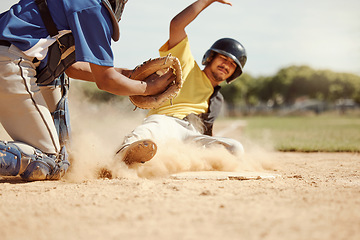 Image showing Baseball player, run and slide in dirt for game, contest or match on field, pitch or stadium. Man, baseball and dust in sand for sports to reach base fast for win, competition and sport in summer