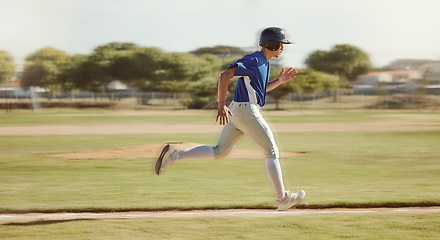 Image showing Baseball, sports and man running on a field during a game, professional event or training. Fast, speed and athlete doing run while playing sport at ground, park or in nature for fitness and exercise