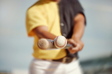 Image showing Baseball, baseball player and black man hit ball on field in match, game or competition. Fitness, sports and closeup of baseball batter with baseball bat outdoors for training, workout or exercise.