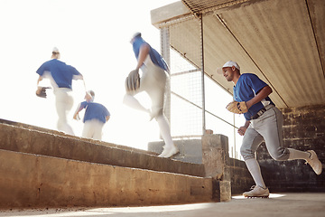 Image showing Sports, baseball dugout or team running into championship game, competition or practice match. Group of men, athlete or baseball player ready for cardio exercise, fitness workout or teamwork training