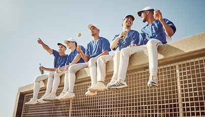 Image showing Baseball, team and baseball player, sports men together and health with fitness, diversity and group on a break. Young, athlete and happy, fruit and drink for nutrition, hydration and fun at game.