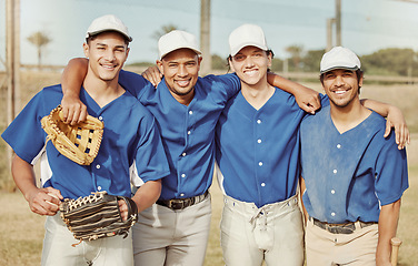 Image showing Baseball player, baseball and team, sport on baseball field, young men smile in portrait, fitness and exercise with sports game. Athlete, happy and glove, workout and training, happy about match.