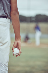 Image showing Sports, baseball and pitch with hands of man playing for strike for sports, fitness and focus on games competition. Goals, training and exercise with baseball player on grass field for action