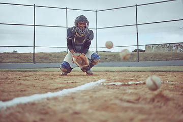 Image showing Baseball, baseball player and ball catch on field during training, competition or match. Sports, fitness and man from India practicing with balls and glove outdoors on baseball field for exercise.