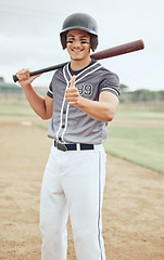 Image showing Baseball player, thumbs up and success for sports game on stadium pitch, field and arena for competition match. Portrait, smile and happy softball man with baseball bat, fitness helmet or winner hand