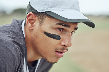 Image showing Man, tired face and baseball player thinking of game or match strategy in fitness, workout or training on stadium pitch. Zoom, softball player or sports athlete on playing field exhausted or sweating