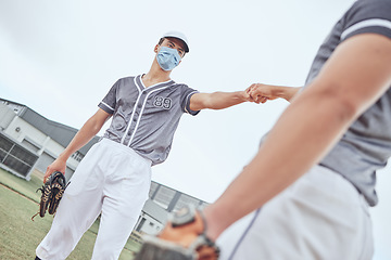 Image showing Sports baseball, covid and teamwork fist bump for match game collaboration, competition partnership or support trust. Softball fitness training, exercise workout or man with winner mindset motivation