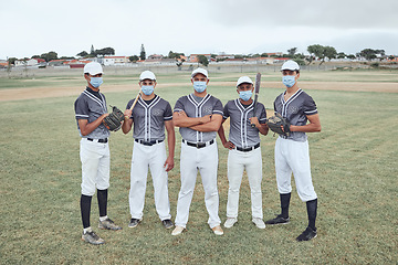 Image showing Baseball, mask and team with covid safety on a grass field or sport pitch before a game, training or match outdoor. Men sports club or group with bat, glove and uniform with protection from covid 19