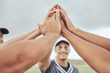 Image showing Hands, high five and teamwork in baseball with team players getting ready for training, practice and game. Fitness, inspiration and motivation for sports athlete on baseball field together in support