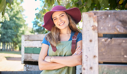 Image showing Countryside, trees and farmer woman with sustainability, healthy and agriculture lifestyle in food production industry. Supplier, business owner or seller commercial portrait in apple farming harvest