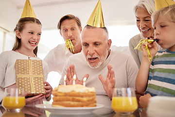 Image showing Birthday cake, celebration and grandfather with family children singing, excited and celebrate together. Elderly, senior man with kids, gift box present for fathers day, retirement or birthday party