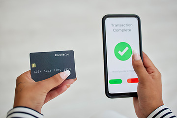 Image showing Phone screen, credit card and woman hands for digital transaction, online shopping and ecommerce application technology with mock up for marketing. Smartphone, banking and customer on web fintech ux
