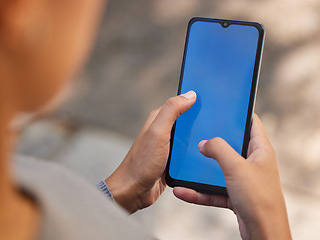 Image showing Phone, woman and green screen mock up for brand advertising, marketing app or mobile product website networking. Close up of girl holding smartphone, contact us and online ui and ux tech design