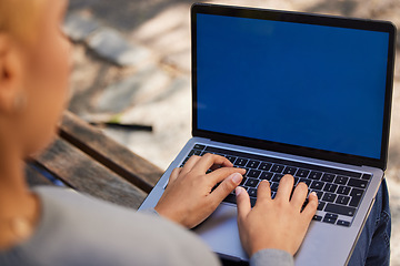 Image showing Laptop, park bench and woman typing on green screen for digital marketing, advertising or product placement. Freelance work, outdoor 5g connection and writer, blogger or author in garden online.