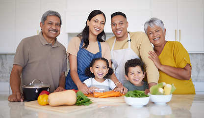 Image showing Family, cooking and vegetable, learning and teaching, development and growth, generations together in home. Health, nutrition and kitchen, grandparents and parents, children and life skill portrait.