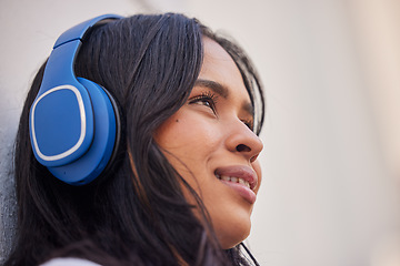 Image showing Music, relax and woman with headphones in the city listening to podcast, radio or track. Vision, idea and close up of girl thinking in urban town with wireless earphones, enjoying weekend and freedom