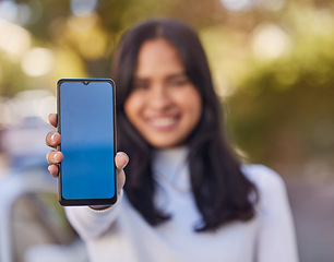 Image showing Woman, hands or phone mock up space for map marketing, gps advertising or brand logo design in London city park. Zoom, tourist or student on 5g mobile technology and mockup for travel or learning app