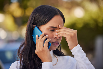 Image showing Black woman, phone call and stress, worry or sad, communication and reaction to bad news, conversation on smartphone and outdoor. African American person, headache and serious, upset and concern.