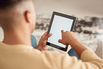 Image showing Mockup screen, tablet and hands of a man on the internet for a search in his house. Back of a person typing on marketing, branding and advertising technology for work, networking and connection