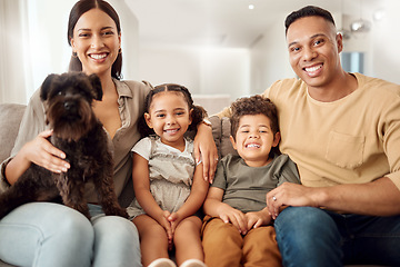 Image showing Love, family and dog with kids and parents on sofa in living room for happy, smile and care. Portrait, relax and pet with man, children and woman together at home for happiness, support and wellness