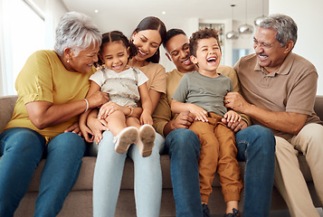 Image showing Happy, big family and quality time bonding of children, parents and grandparents together on a sofa. Laughing kids having fun with mom, dad and grandparent on a home living room couch with happiness