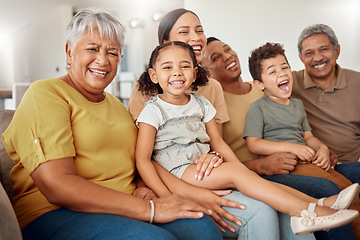 Image showing Grandparents, parents and children being happy, smile or laugh on sofa in living room for bonding, embrace or for loving. Family, mother or father with kids for happiness, together or on lounge couch
