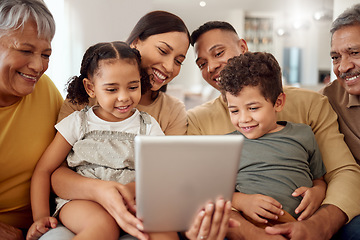 Image showing Family, tablet and video call with smile sofa together in living room in home with love, happiness and bonding. Black family, video conference and technology for communication, kids and parents