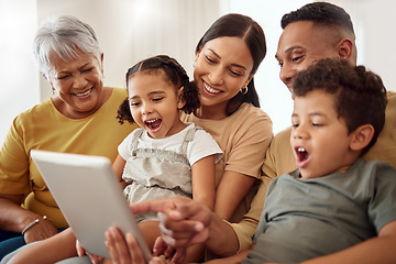 Image showing Happy, family and online entertainment on tablet enjoying technology and bonding time together on living room sofa. Parents, grandma and kids relaxing on couch streaming on touchscreen at home