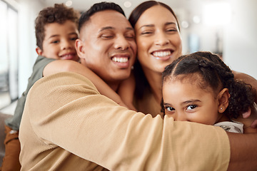 Image showing Love, family and hug portrait in living room with Mexican parents and young kids in house. Care and happy latino man, woman and children enjoy cuddle together for care and affection in home