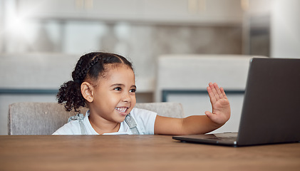 Image showing Girl, waving and laptop distance learning education for kids, house lockdown children and home students. Smile, happy and greeting student on technology for education and e learning zoom video call