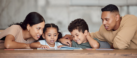 Image showing Mom, dad and kids with books for reading, learning and education in home together for bonding. Black family, children and book on desk for study, childhood development and spelling of words in house