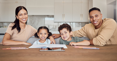 Image showing Family, books and children homeschool help in home or house in distance learning, lockdown education or e learning. Portrait, smile or happy parents and kids, digital tablet or homework study support