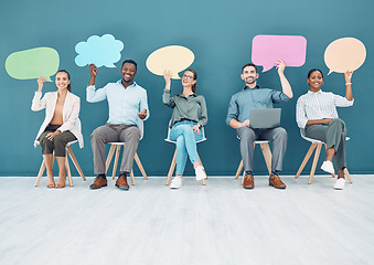 Image showing Speech bubble, waiting room and people in business recruitment, social media chat icon, and networking cardboard sign. Corporate group of people with voice communication or hiring advertising mock up