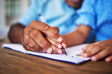 Image showing Writing, teaching and learning, hands and pen, grandfather with child practice handwriting in notebook closeup. Education, teacher and student, alphabet and home school with kid, skill development.