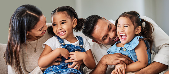 Image showing Love, care and parents with happy family of children laughing together at home in Puerto Rico. Mama, father and daughter siblings bonding in house with cheerful affection and excited smile.