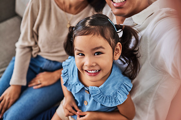 Image showing Selfie, family and young happy girl together bonding on living room sofa. Portrait of adorable Asian child happiness smile on face closeup, love and care support or relax spend time in family home