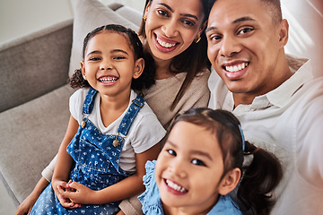 Image showing Top view, children and family selfie on relax sofa in Mexico house or home living room for social media. Smile, happy or bonding man, woman and foster kids in mother and father portrait photography