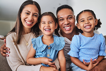 Image showing Family, love and happy home with mother, father and children bonding on living room sofa with smile, care and happiness. Portrait of girl siblings or kids with man and woman in brazil house to relax