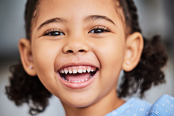 Image showing Girl, child and macro portrait with happy dental health smile on face in youth and childhood. Excited, health and happiness of young black kid with good oral hygiene and healthy teeth smiling.