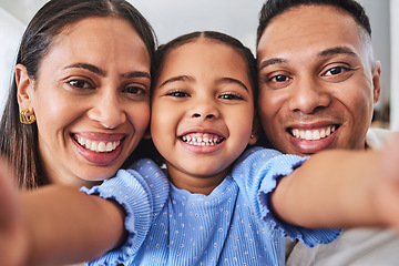 Image showing Selfie, children and family with a girl, mother and father taking a photograph in their home together. Portrait, kids and love with a man, woman and daughter posing for a picture while bonding