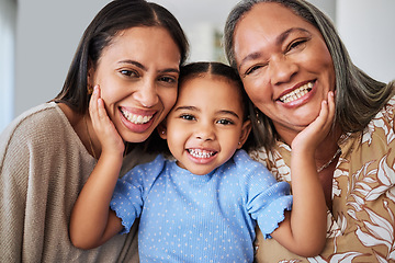 Image showing Child, grandmother and mother with smile in their house with love, care and happiness together. Face portrait of a young, happy and comic girl bonding with her mom and grandma with affection