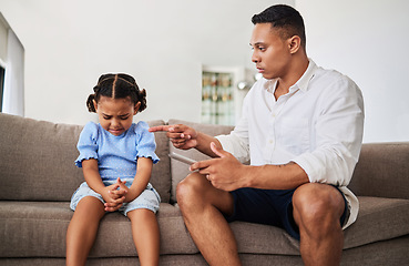 Image showing Angry, father with tablet and kid conflict, upset and serious scolding, no screen time with sad child and frustrated parent pointing. Family stress, bad behavior and distress, guilt and annoyed.