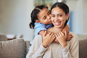 Image showing Love, mother and girl hug being happy, relax and bonding enjoy on couch in living room with smile together. Mama, child and kid embrace for quality time, on sofa laugh and loving in lounge at home.