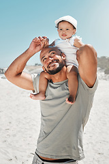 Image showing Beach, happy and father with baby on his shoulders while on a summer adventure seaside holiday. Happiness, love and man from Mexico with infant child in nature by the ocean while on family vacation.